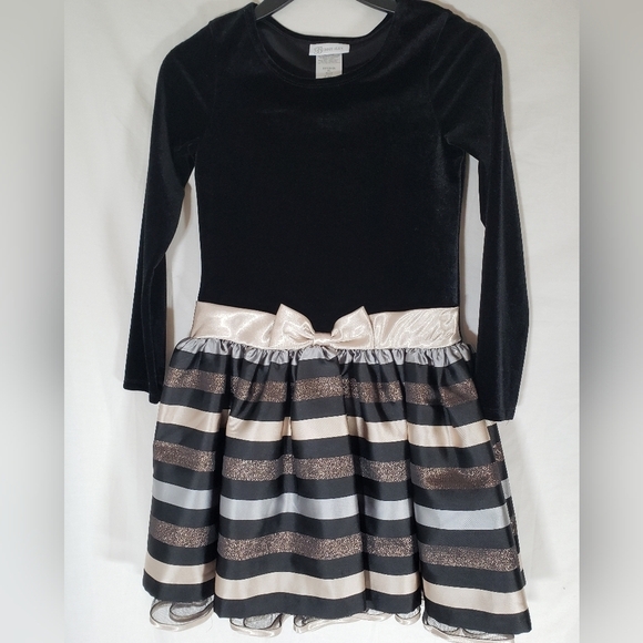 Bonnie Jean Girl's Black Velvet Upper & Multicolored Striped Bottom Dress Sz 12 - Picture 1 of 8